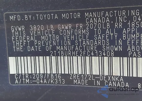 2015 Toyota Corolla Le из США, поврежденный, VIN 2T1BURHE2FC413408